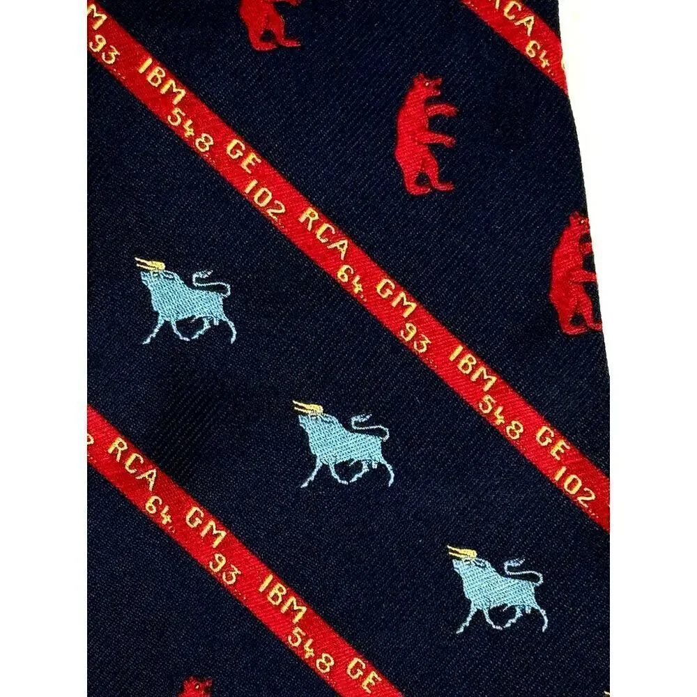 70s VTG Stock MArket Bull Bear Ticker Tape Mens Necktie London 400 Silk Blend